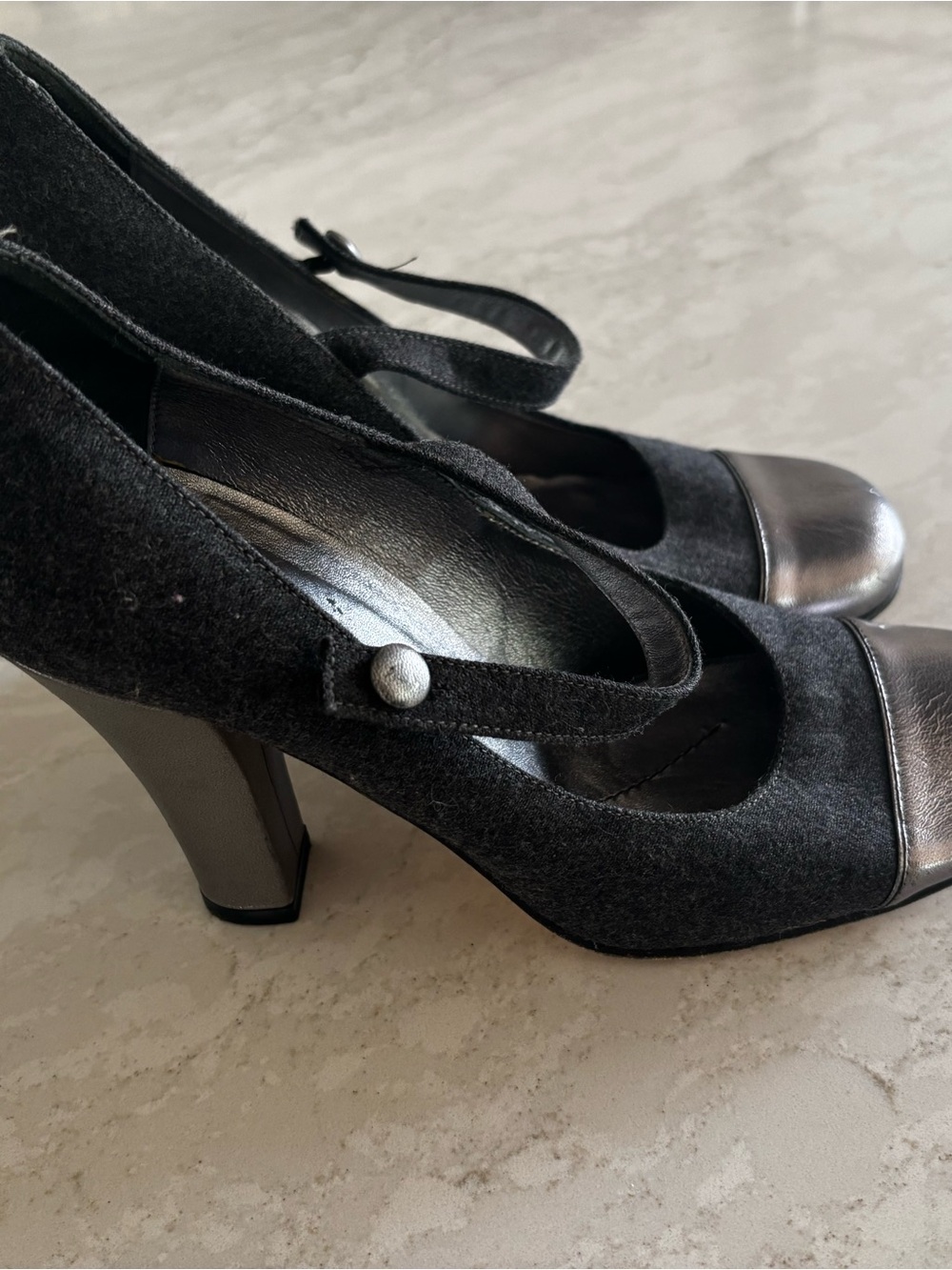 kate spade Black Felt Mary Jane Heels with Silver Cap Toe